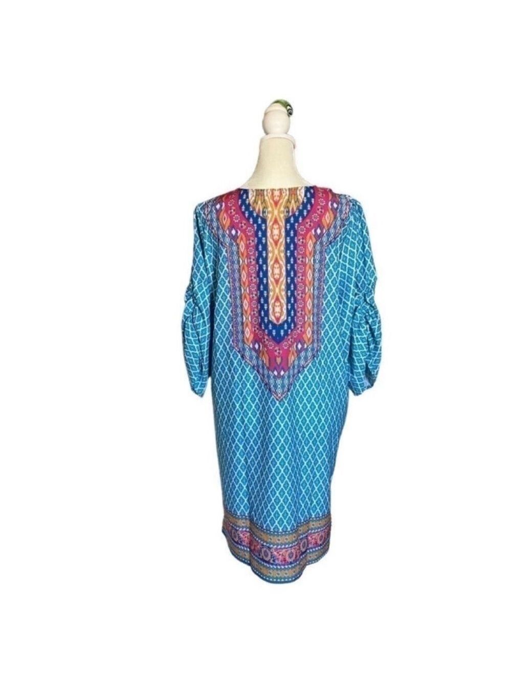 Urban Coco Blue Multicolor Ruche Sleeve Swim Coverup Dress with Tassels Medium - Picture 4 of 14